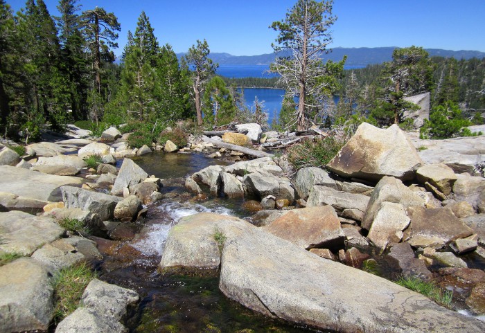 Cascade Falls along the Bayview Trail, with Cascade Lake and Lake Tahoe seen in the distance. (Photo by Michelle Portesi)